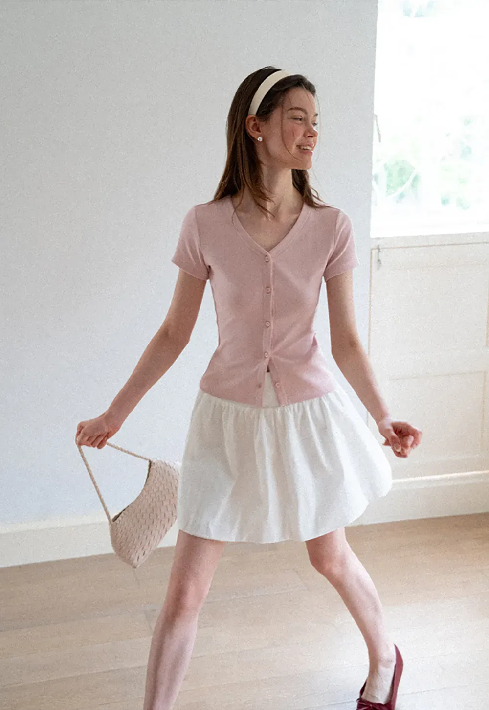 V Neck Button Front Short Sleeve Knit Top