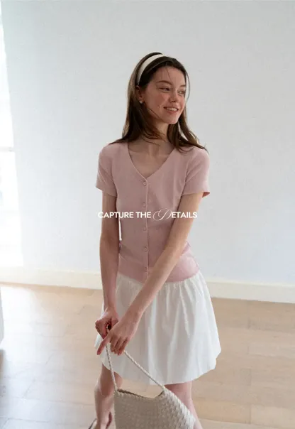 V Neck Button Front Short Sleeve Knit Top