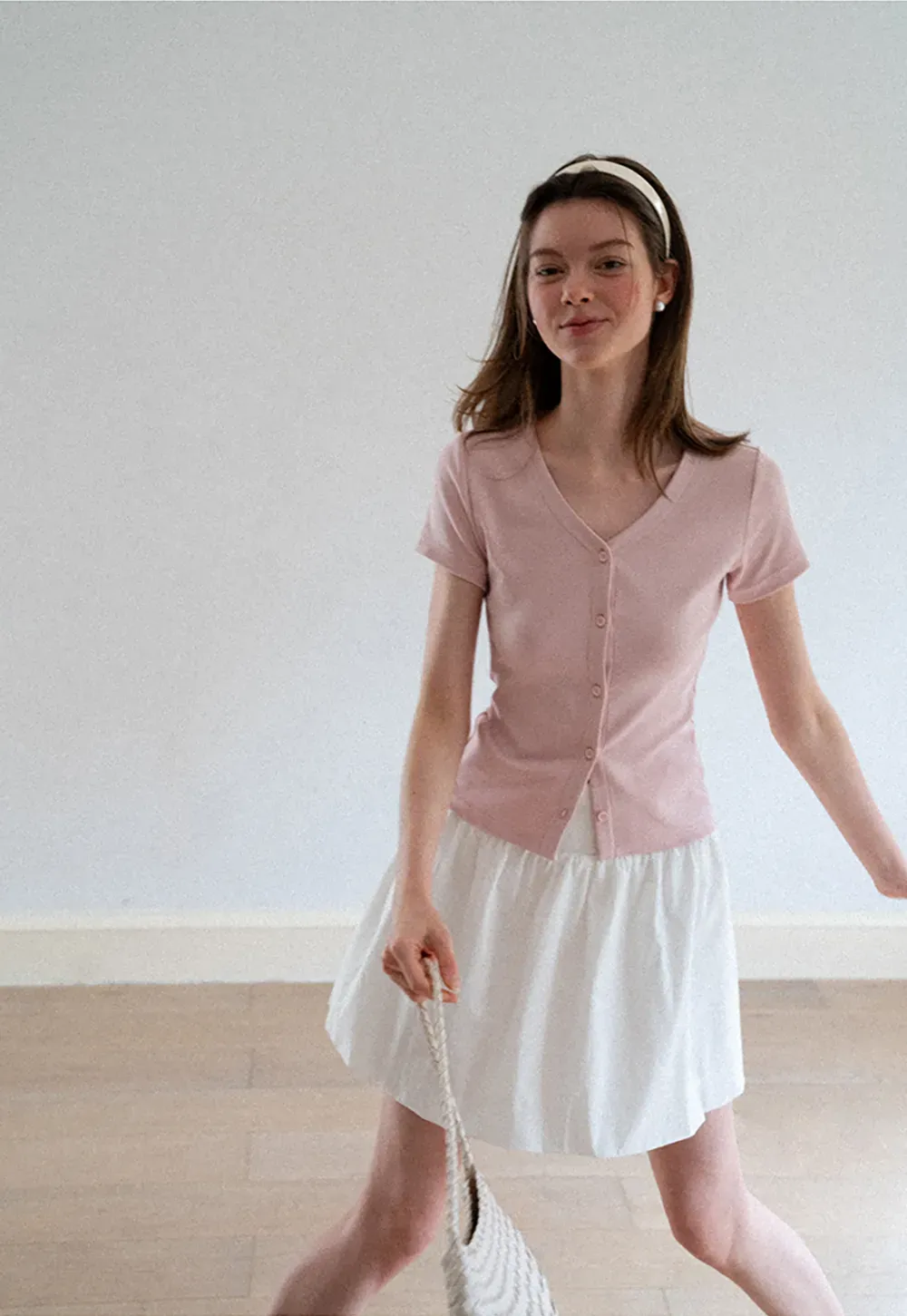 V Neck Button Front Short Sleeve Knit Top