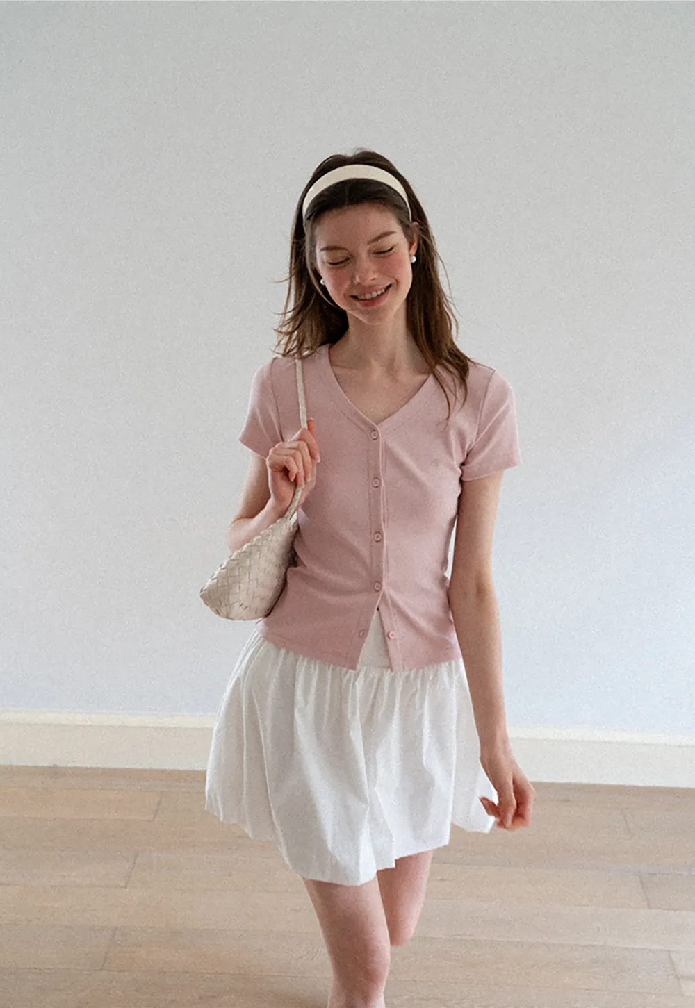 V Neck Button Front Short Sleeve Knit Top