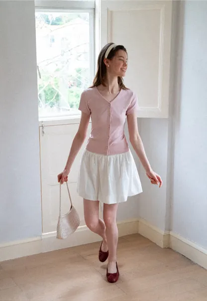 V Neck Button Front Short Sleeve Knit Top