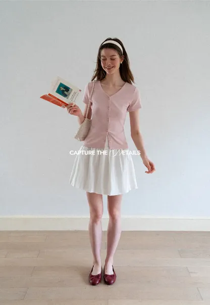V Neck Button Front Short Sleeve Knit Top