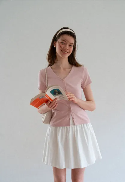 V Neck Button Front Short Sleeve Knit Top