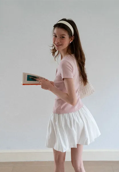 V Neck Button Front Short Sleeve Knit Top