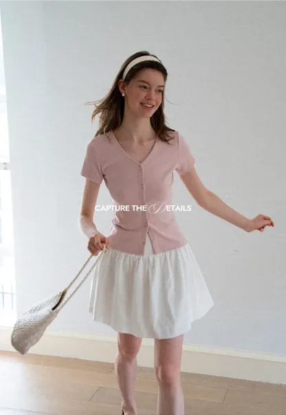 V Neck Button Front Short Sleeve Knit Top