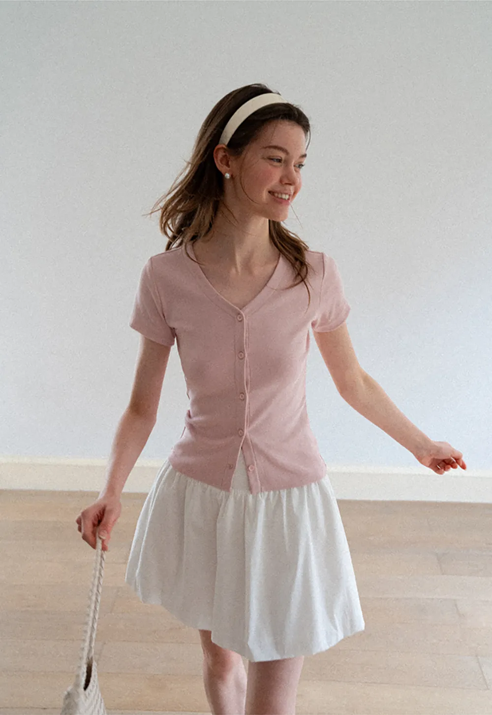 V Neck Button Front Short Sleeve Knit Top