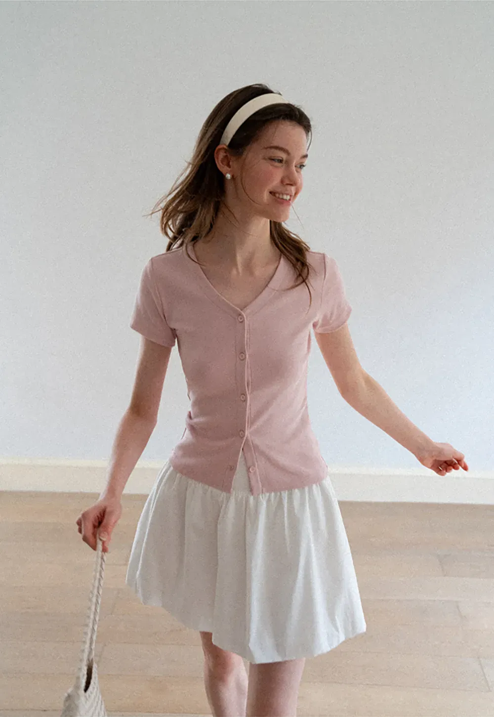 V Neck Button Front Short Sleeve Knit Top