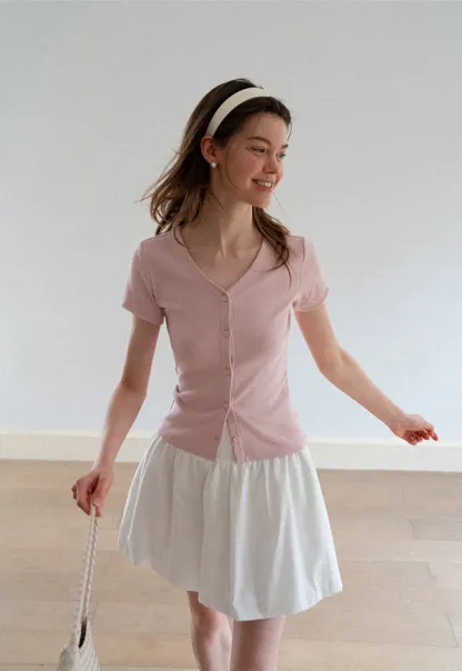 V Neck Button Front Short Sleeve Knit Top