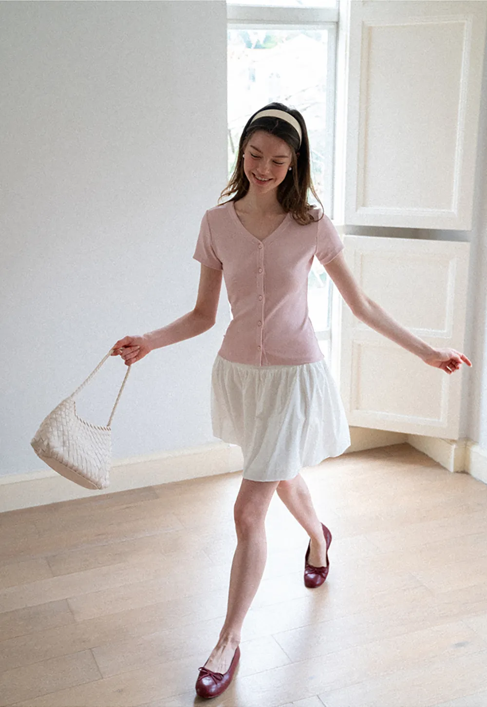 V Neck Button Front Short Sleeve Knit Top
