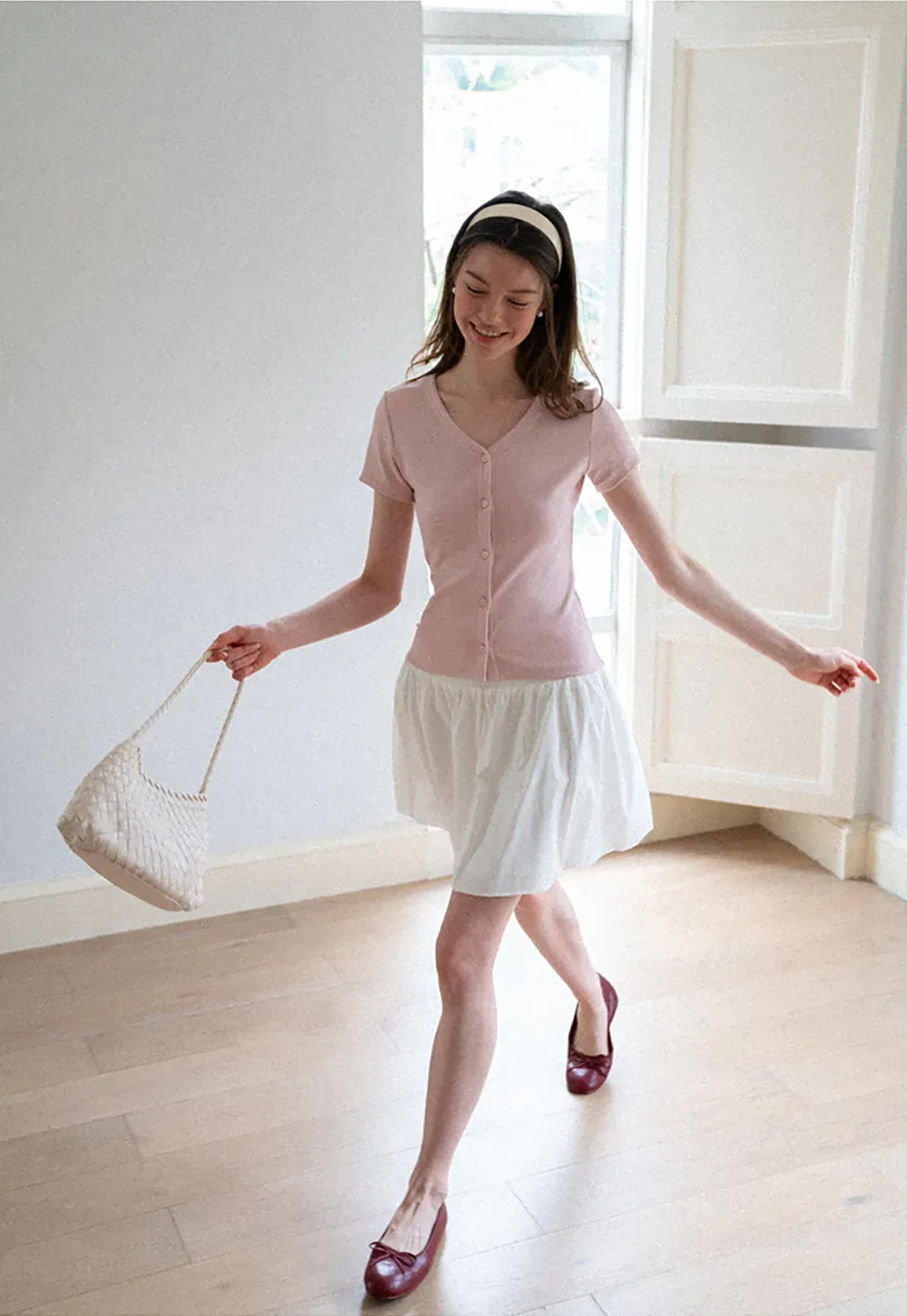 V Neck Button Front Short Sleeve Knit Top