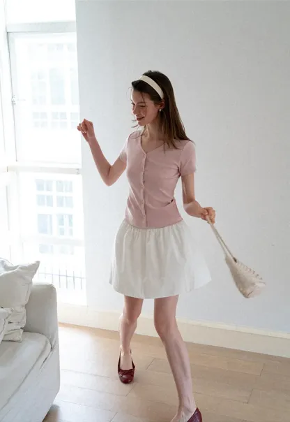 V Neck Button Front Short Sleeve Knit Top