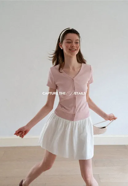 V Neck Button Front Short Sleeve Knit Top