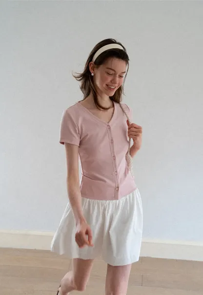 V Neck Button Front Short Sleeve Knit Top