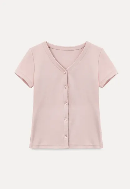 V Neck Button Front Short Sleeve Knit Top