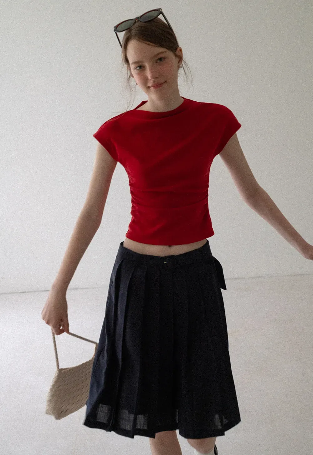 Cropped Cap Sleeve Tshirt with Ruched Detail