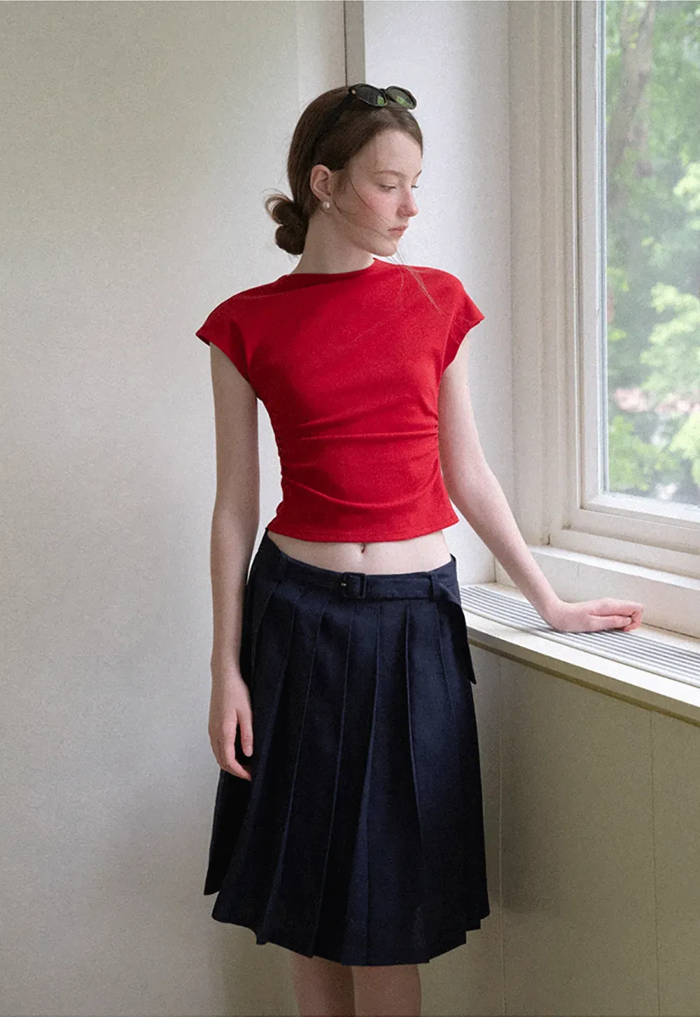Cropped Cap Sleeve Tshirt with Ruched Detail