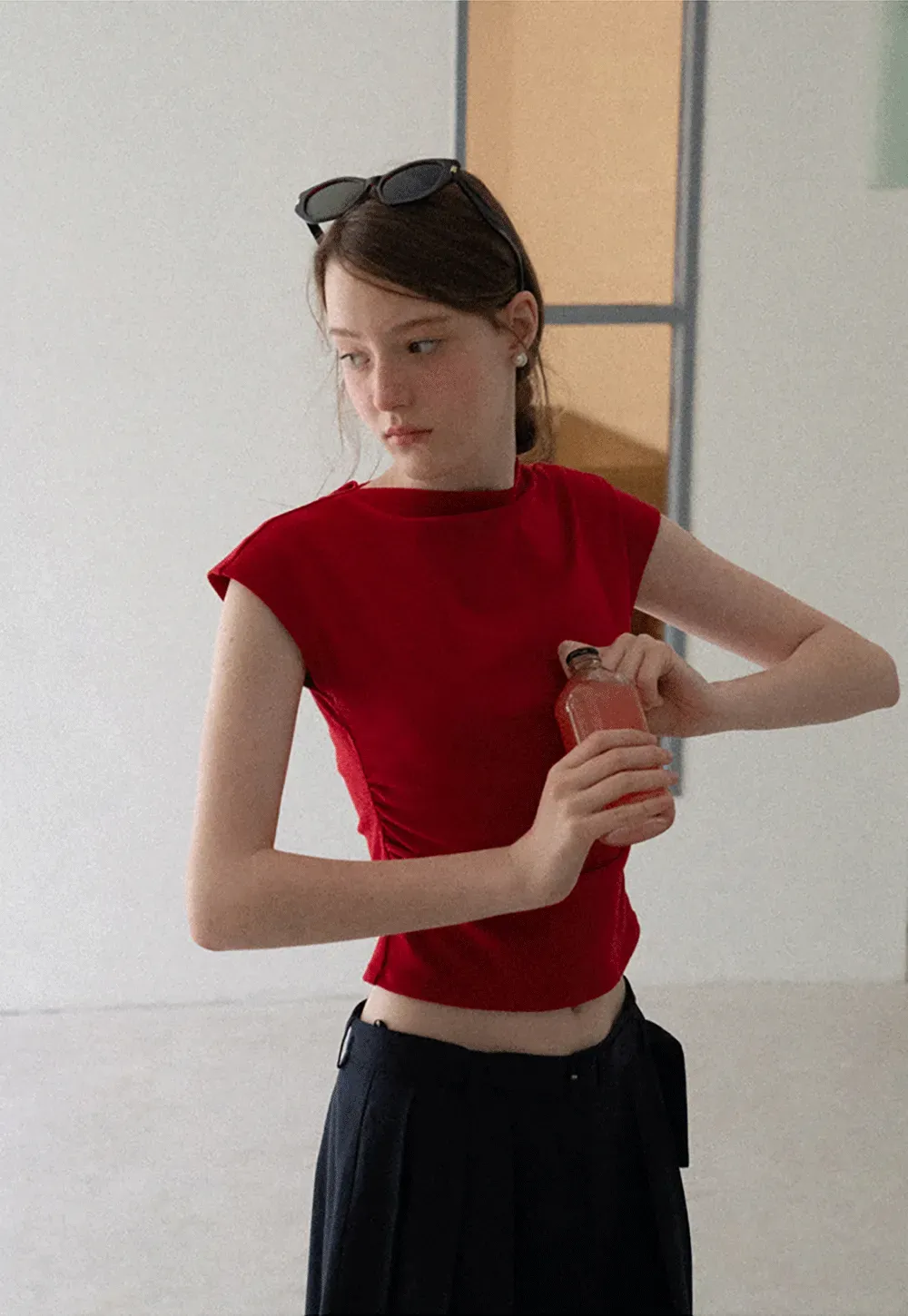 Cropped Cap Sleeve Tshirt with Ruched Detail