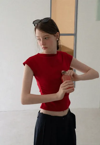 Cropped Cap Sleeve Tshirt with Ruched Detail