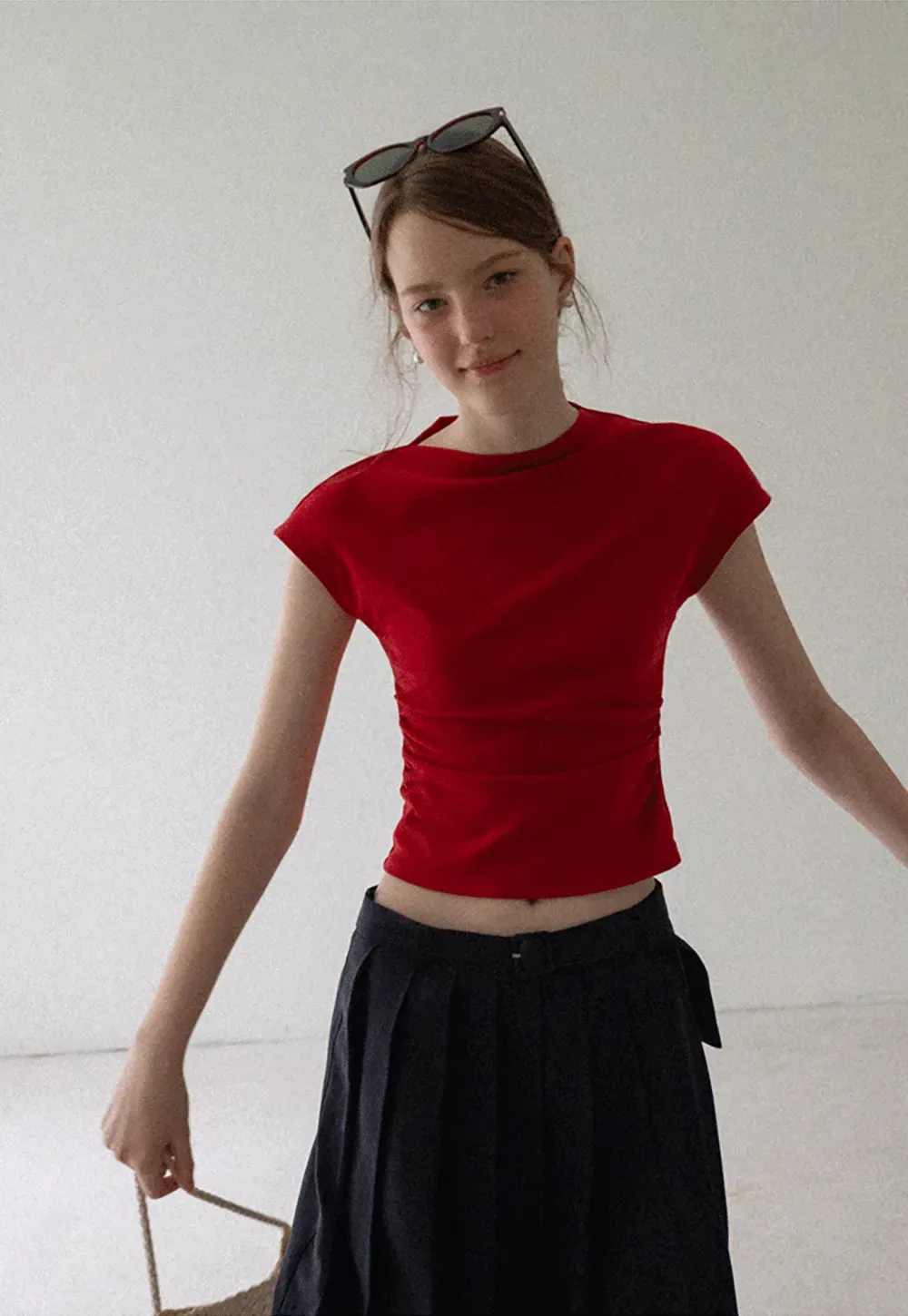 Cropped Cap Sleeve Tshirt with Ruched Detail