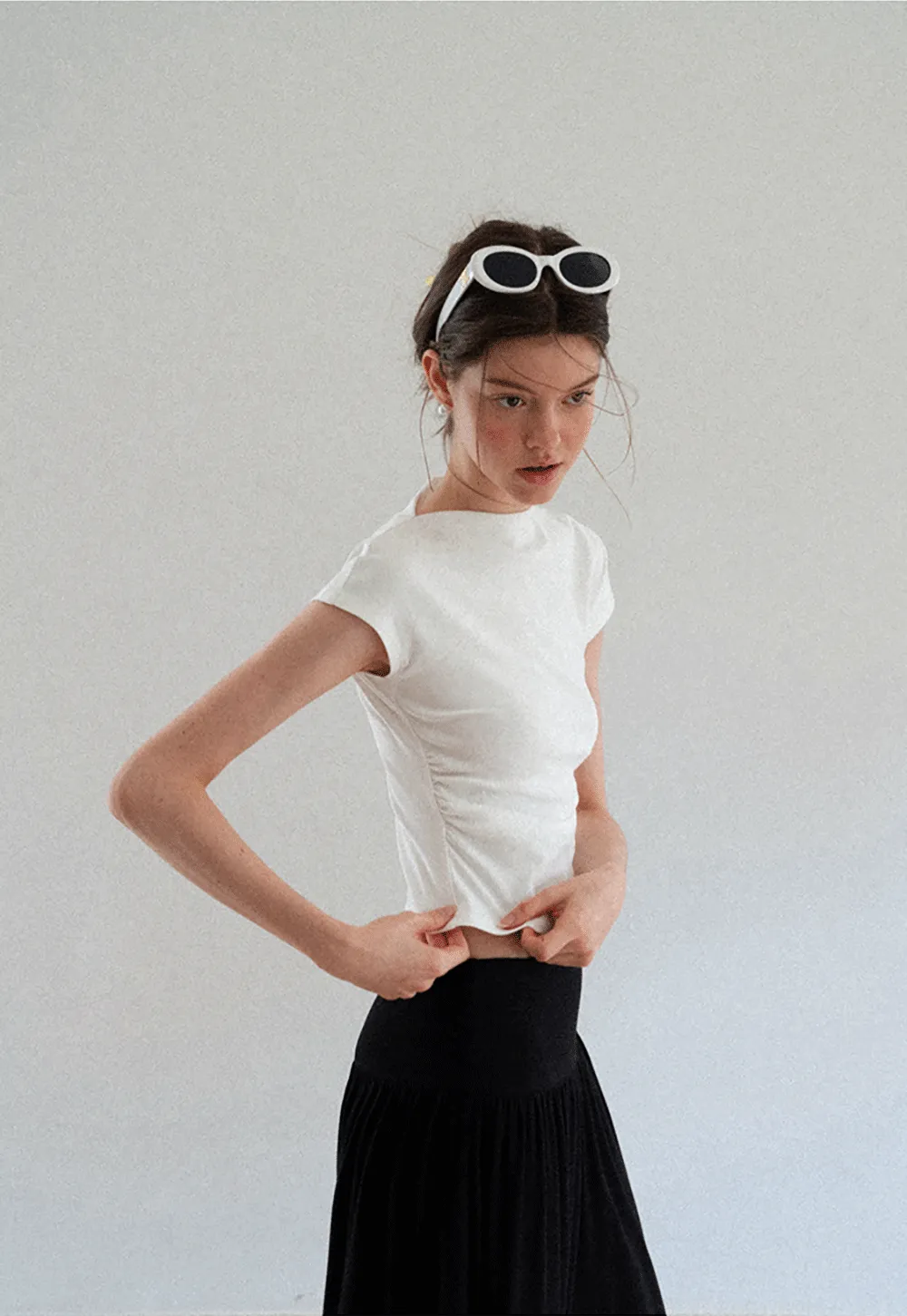 Cropped Cap Sleeve Tshirt with Ruched Detail