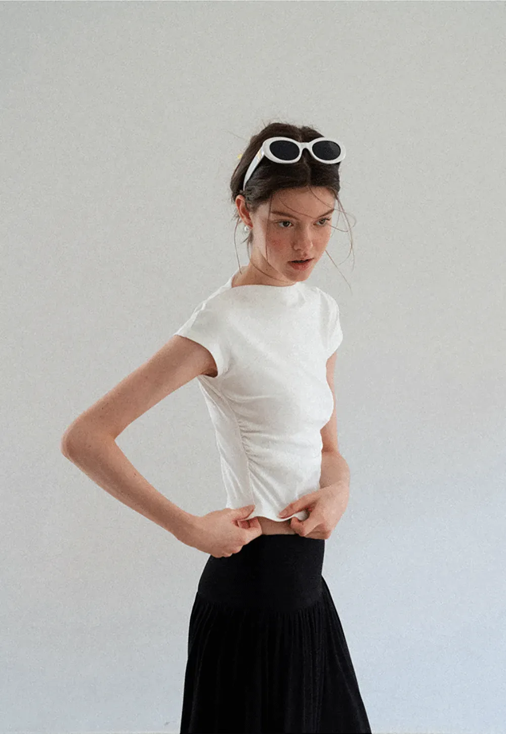 Cropped Cap Sleeve Tshirt with Ruched Detail