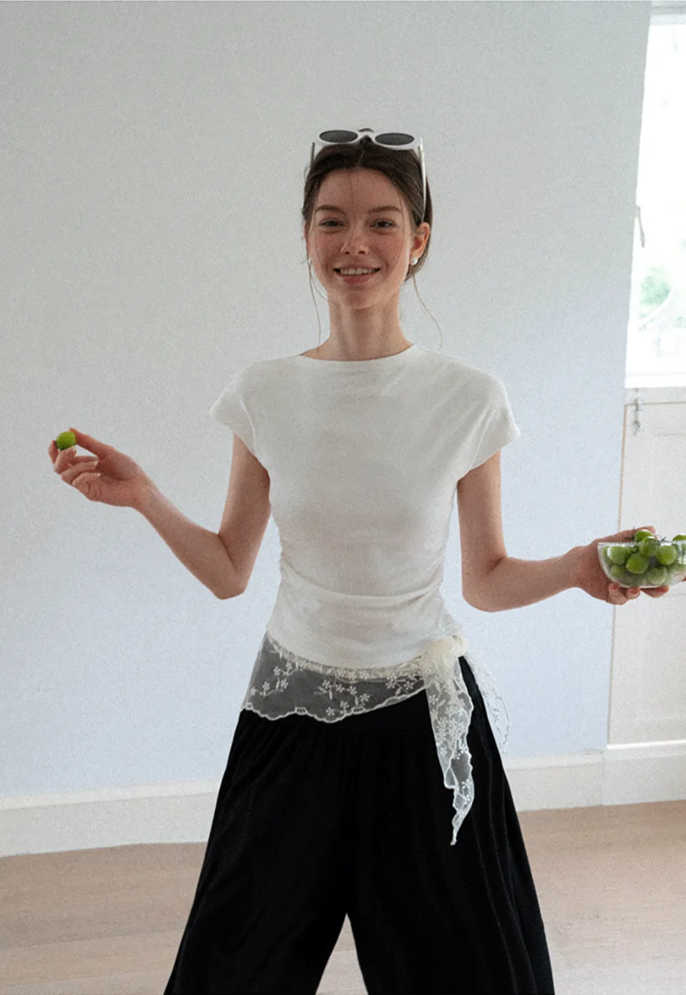 Cropped Cap Sleeve Tshirt with Ruched Detail