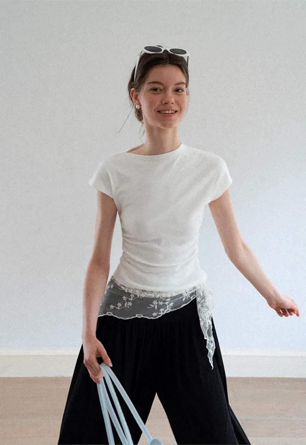 Cropped Cap Sleeve Tshirt with Ruched Detail