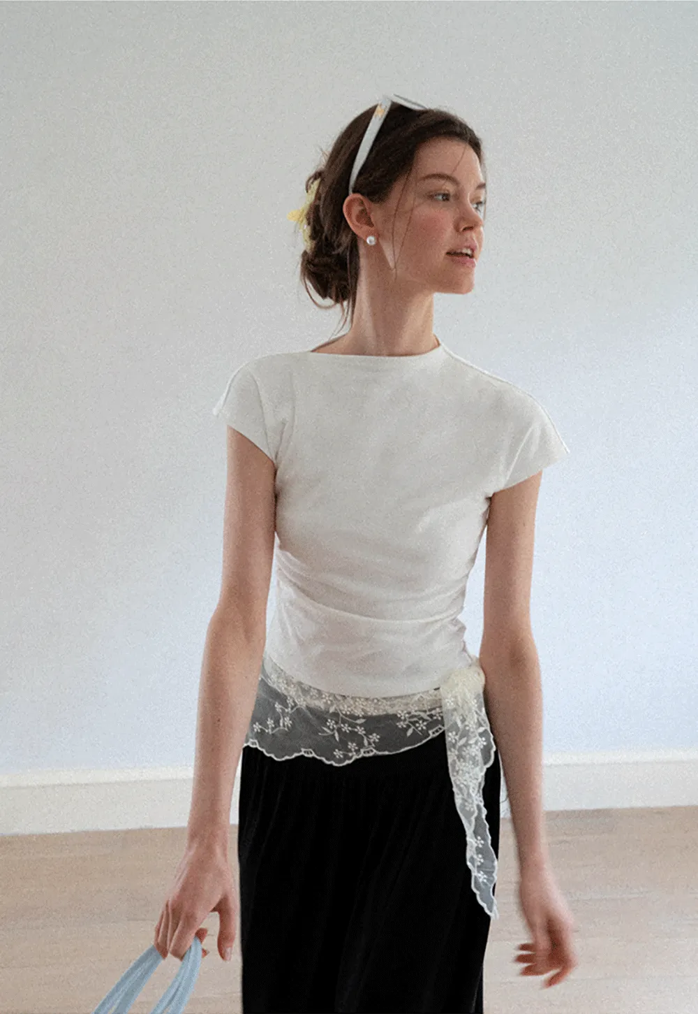 Cropped Cap Sleeve Tshirt with Ruched Detail