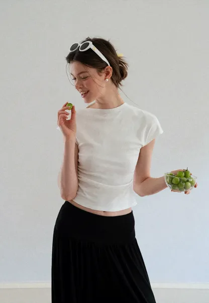 Cropped Cap Sleeve Tshirt with Ruched Detail