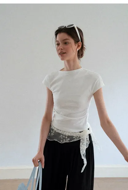 Cropped Cap Sleeve Tshirt with Ruched Detail