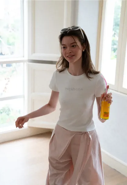 Embroidered Logo Cropped Crew Neck T Shirt