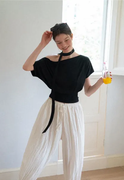 Asymmetrical Cutout Neck Short Sleeve Top