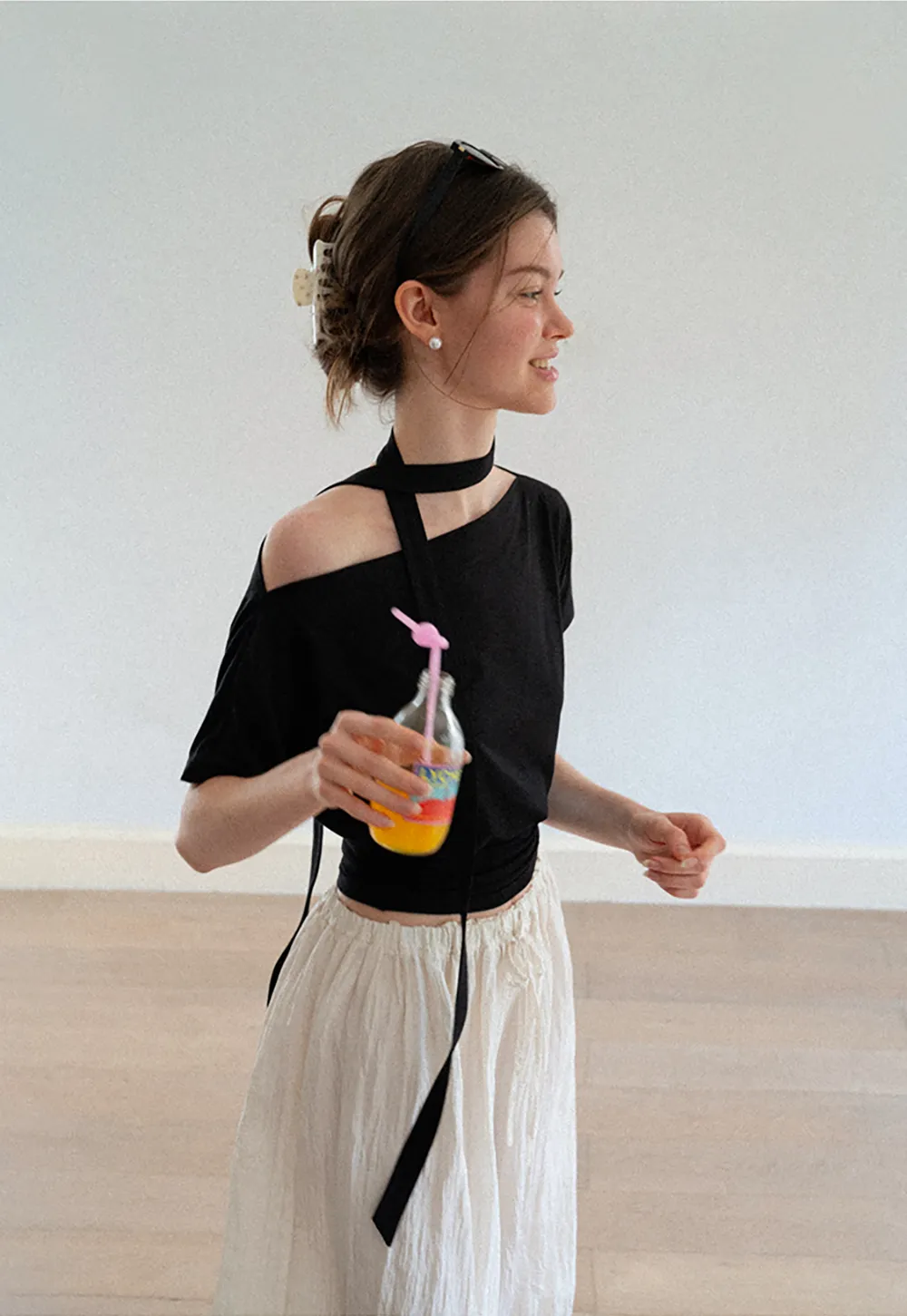 Asymmetrical Cutout Neck Short Sleeve Top