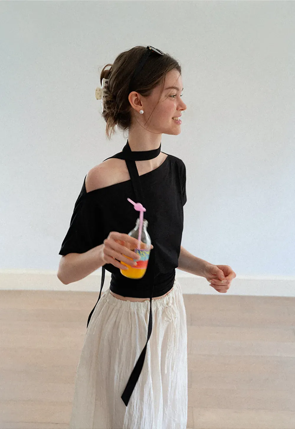 Asymmetrical Cutout Neck Short Sleeve Top