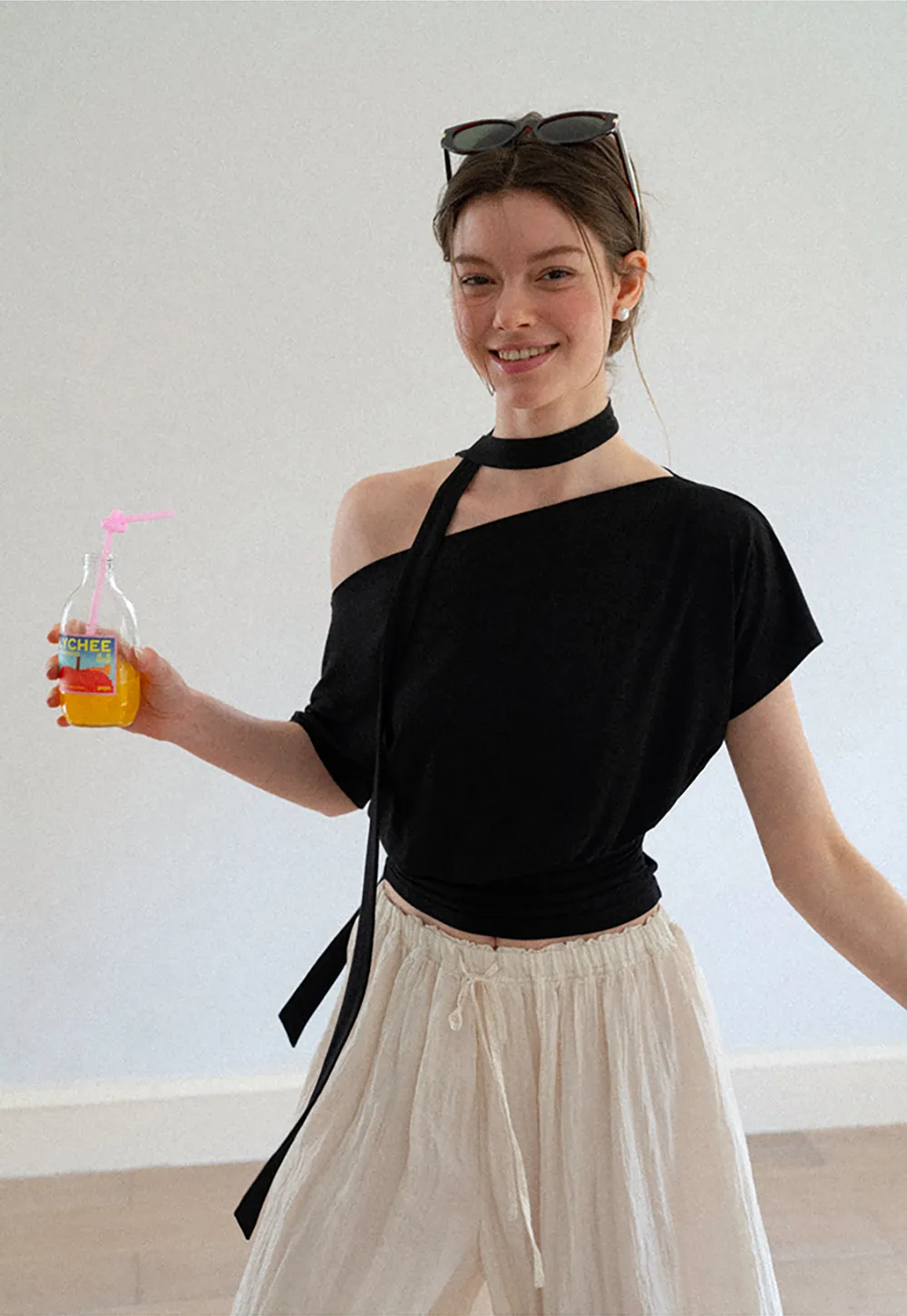 Asymmetrical Cutout Neck Short Sleeve Top
