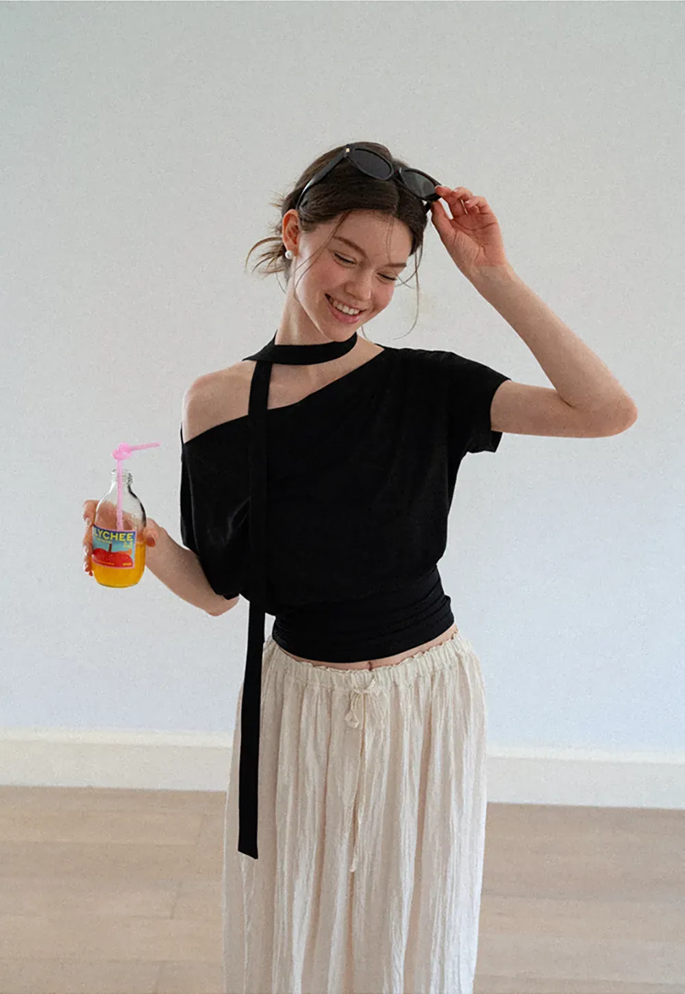 Asymmetrical Cutout Neck Short Sleeve Top