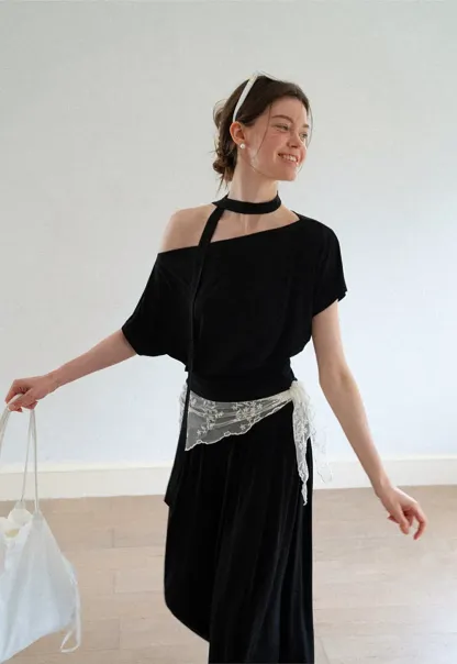 Asymmetrical Cutout Neck Short Sleeve Top
