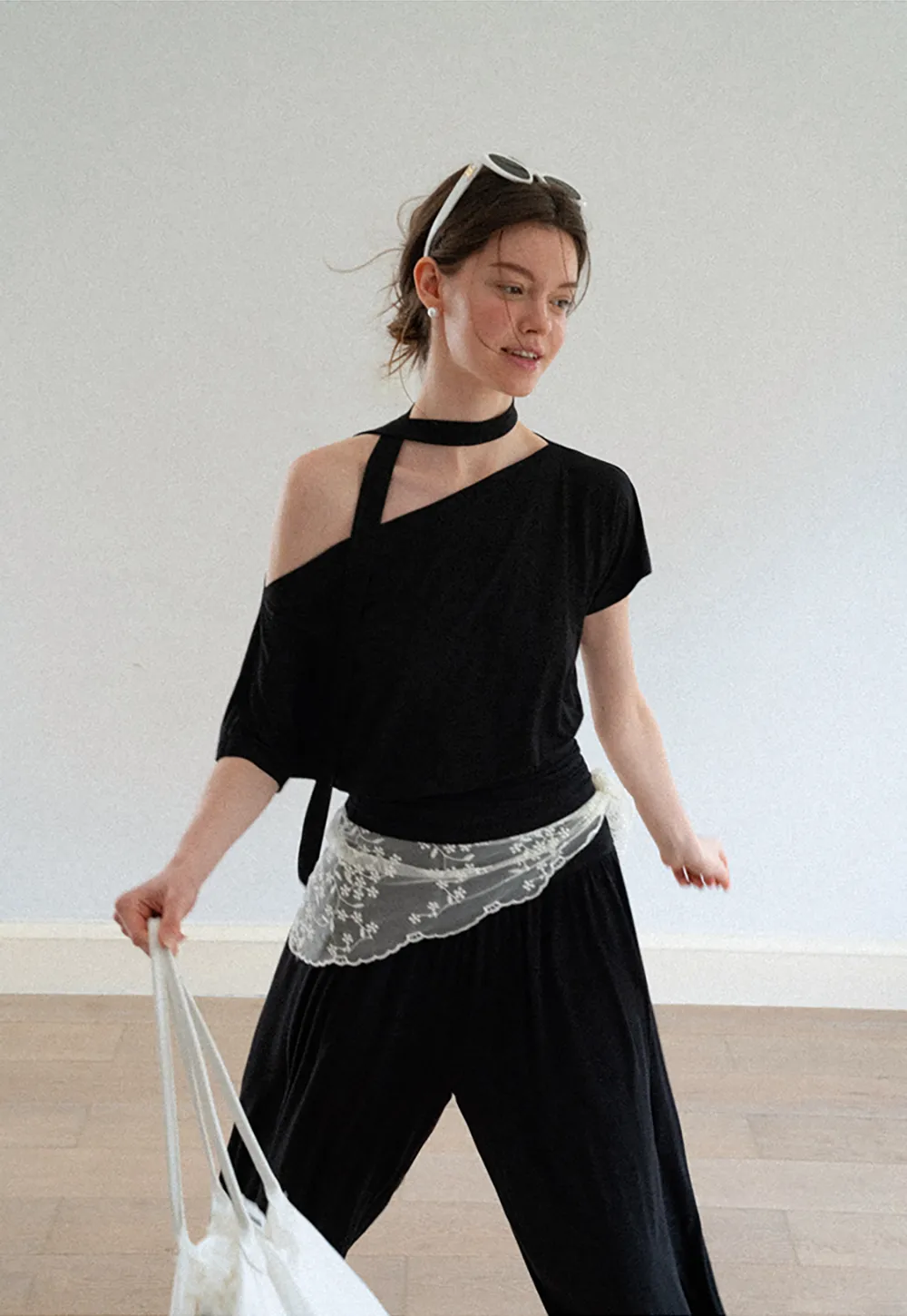 Asymmetrical Cutout Neck Short Sleeve Top