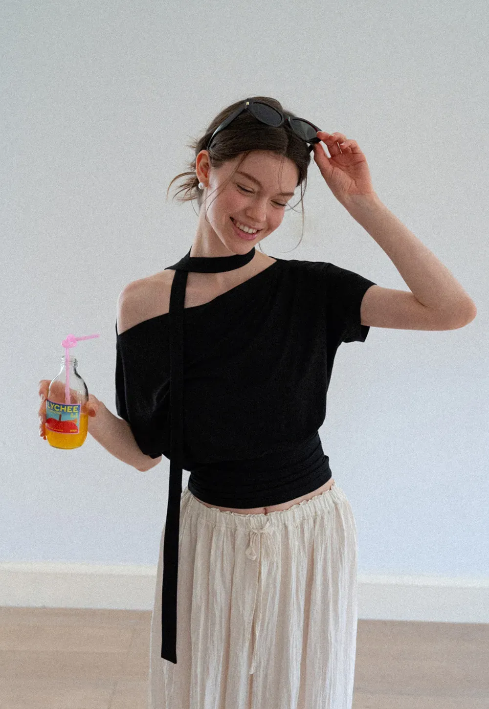 Asymmetrical Cutout Neck Short Sleeve Top