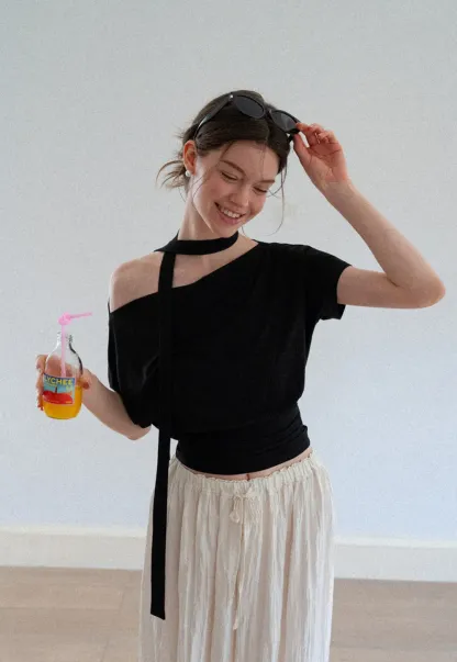 Asymmetrical Cutout Neck Short Sleeve Top