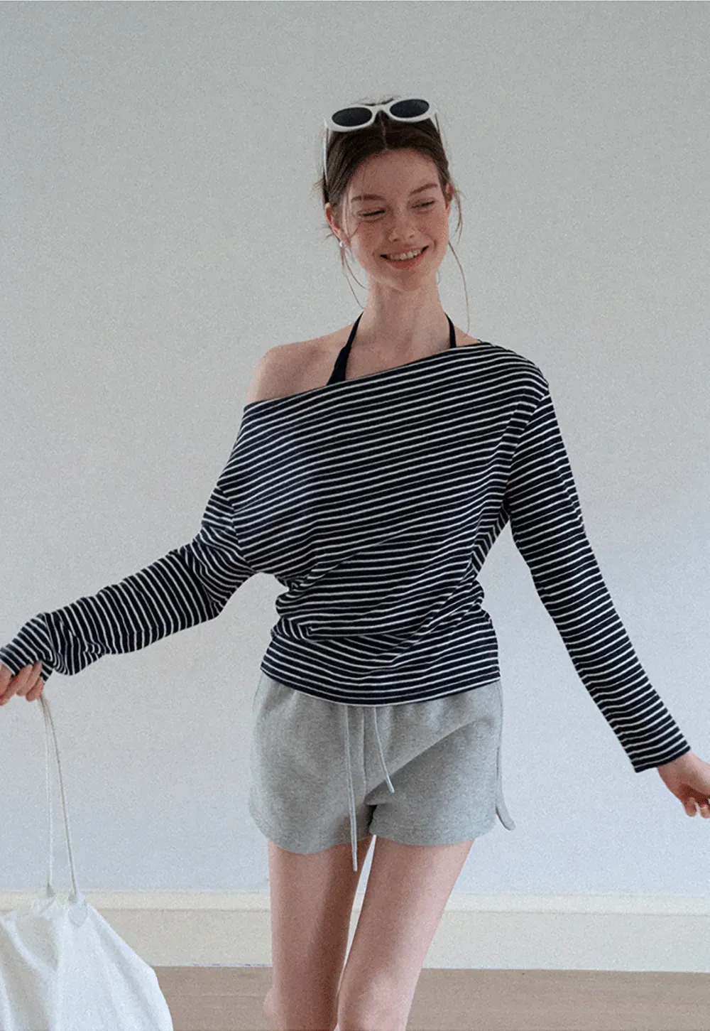 Asymmetrical Off Shoulder Striped Long Sleeve Top
