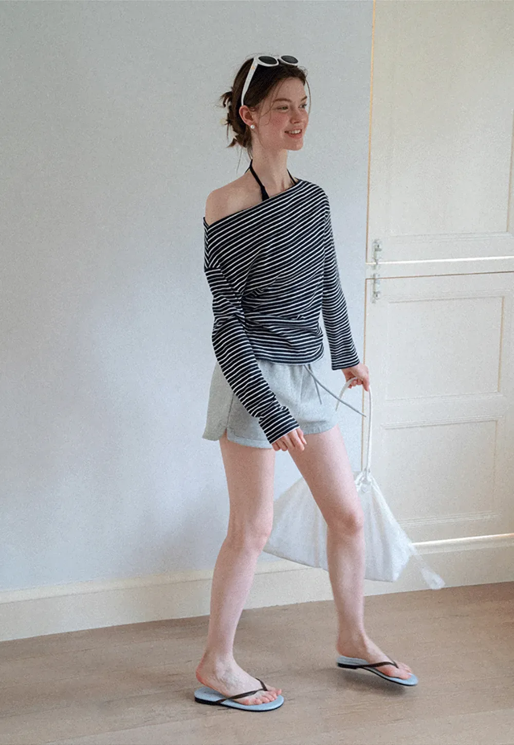 Asymmetrical Off Shoulder Striped Long Sleeve Top