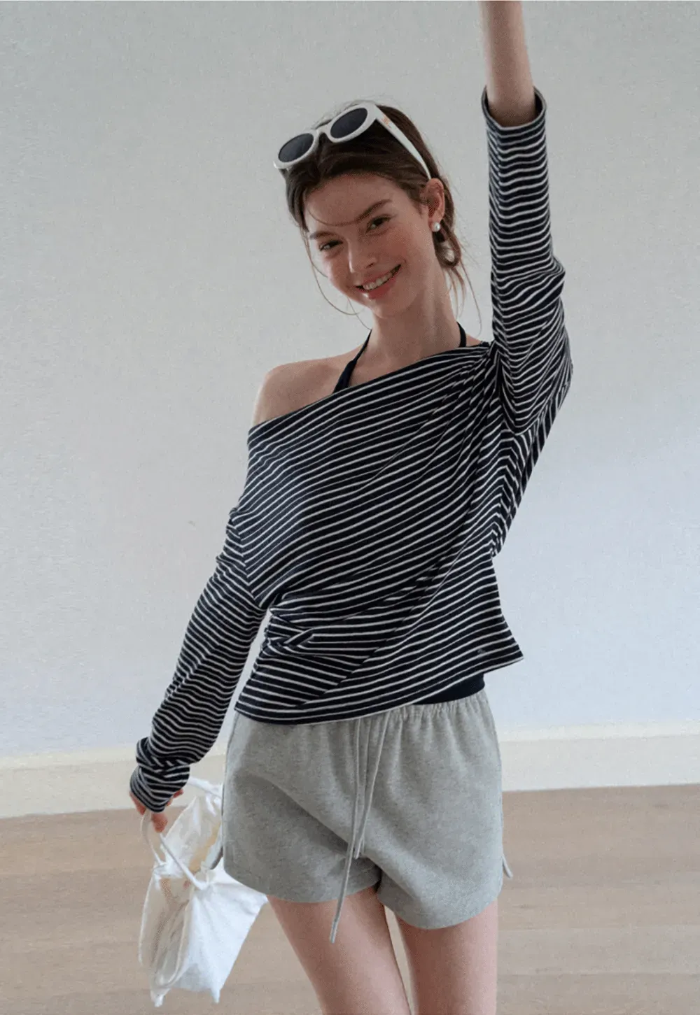 Asymmetrical Off Shoulder Striped Long Sleeve Top