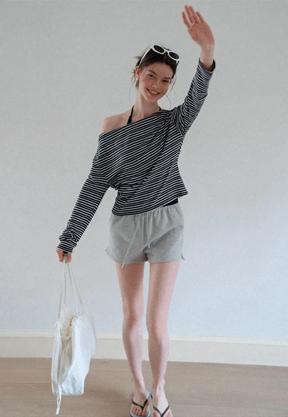 Asymmetrical Off Shoulder Striped Long Sleeve Top