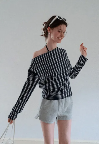 Asymmetrical Off Shoulder Striped Long Sleeve Top