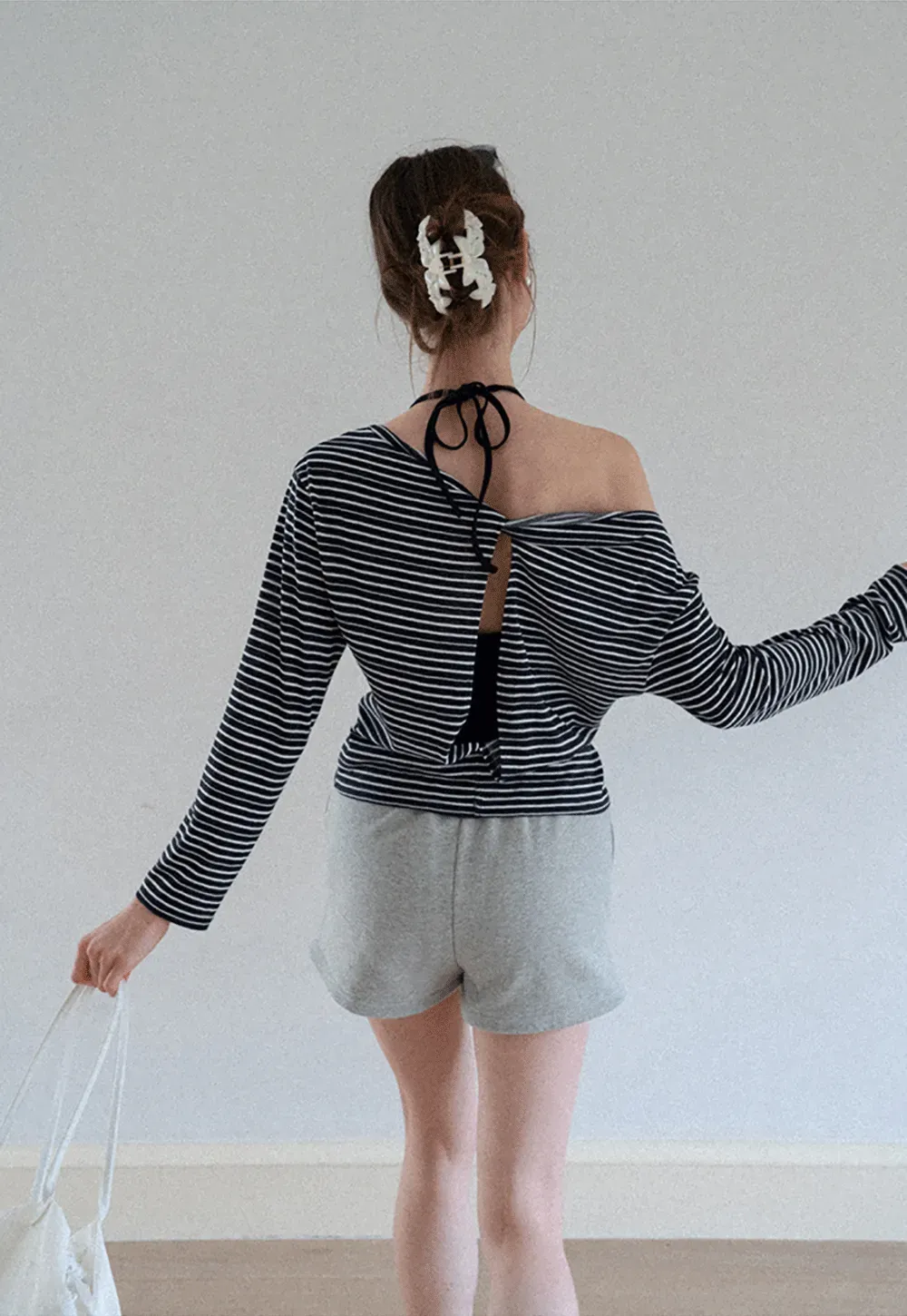Asymmetrical Off Shoulder Striped Long Sleeve Top