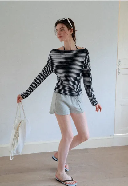 Asymmetrical Off Shoulder Striped Long Sleeve Top