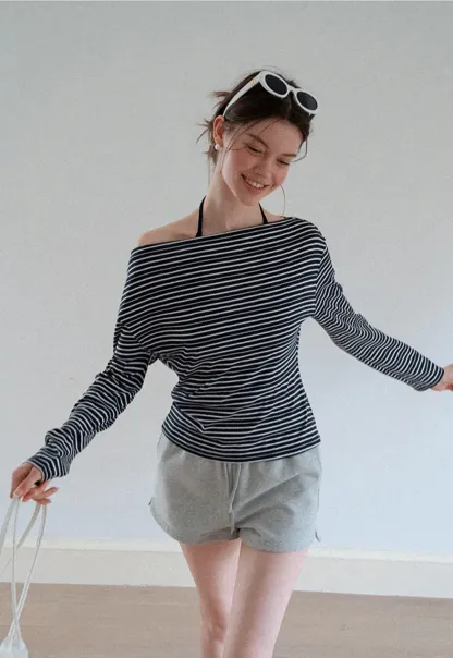 Asymmetrical Off Shoulder Striped Long Sleeve Top