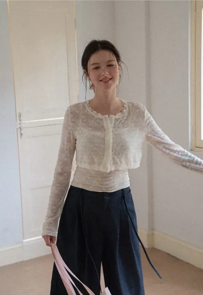 Lace Trim Cropped Long Sleeve Knit Top