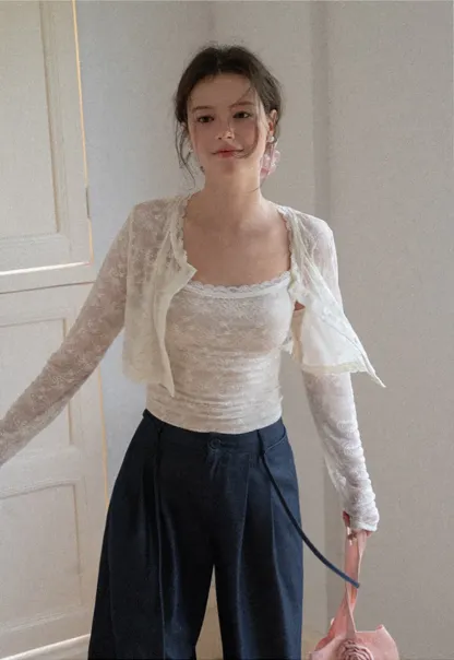 Lace Trim Cropped Long Sleeve Knit Top